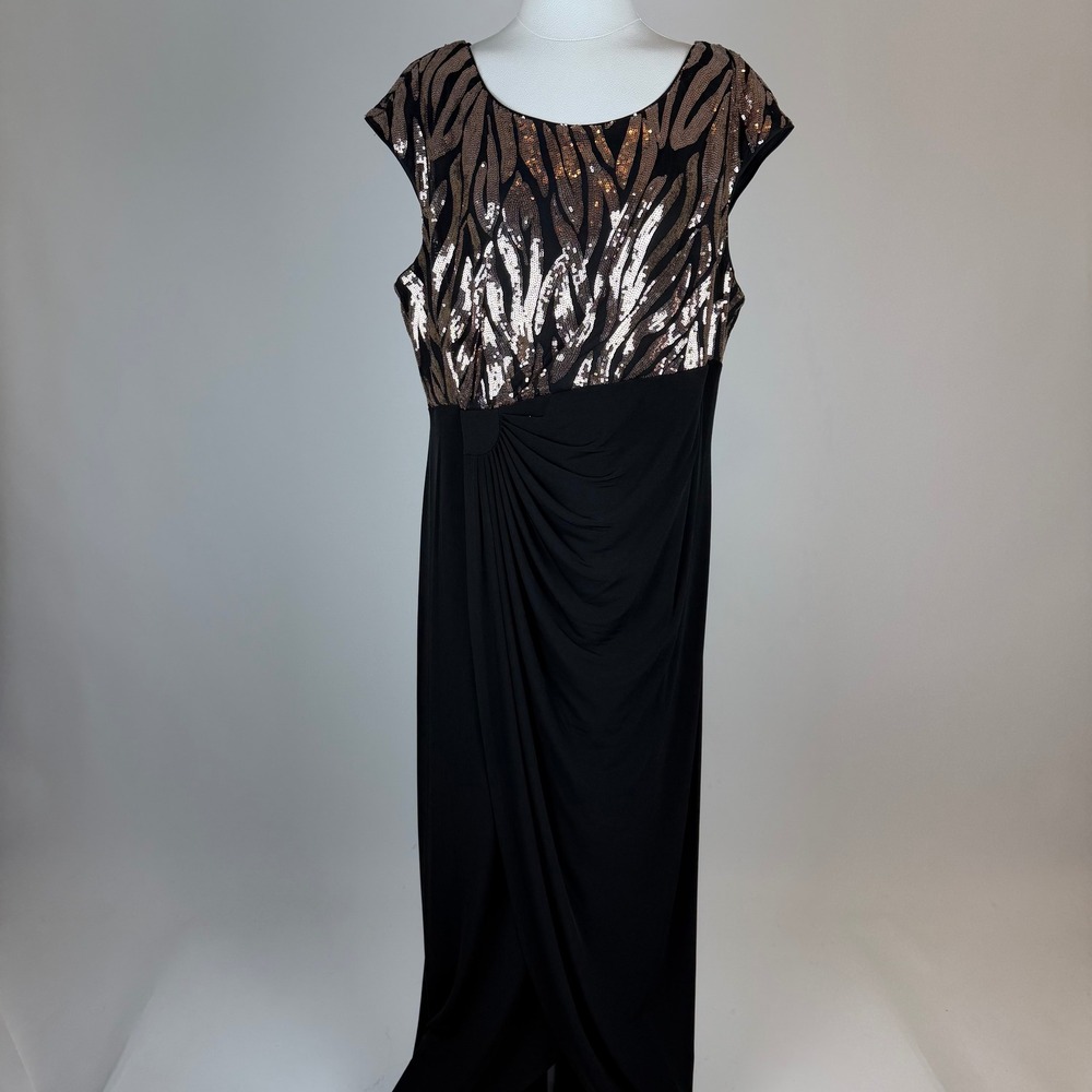 NWT Connected Apparel Black Gold Sequin Faux Wrap Maxi Gown Dress Sz 24W Formal